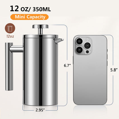 Meelio Small French Press 350ml, Double-Wall Insulated French Press Coffee Press Stainless Steel for travel camping, Single Cup Pour Over Coffee Maker (1 cup, 12 OZ)