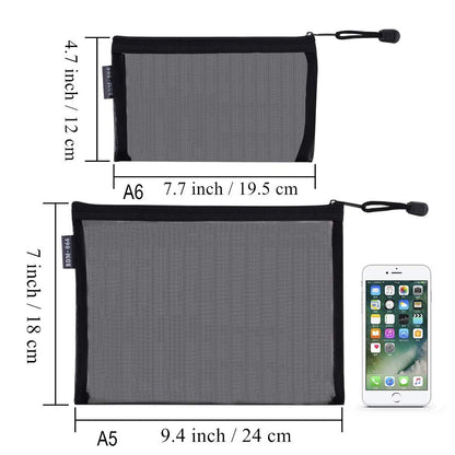 HRX Package Nylon Mesh Cosmetic Zipper Bags, 6PCS Black Makeup Pouches Travel Organizer Case for Purse Diaper Bag (A5 x 3pcs, A6 x 3pcs)