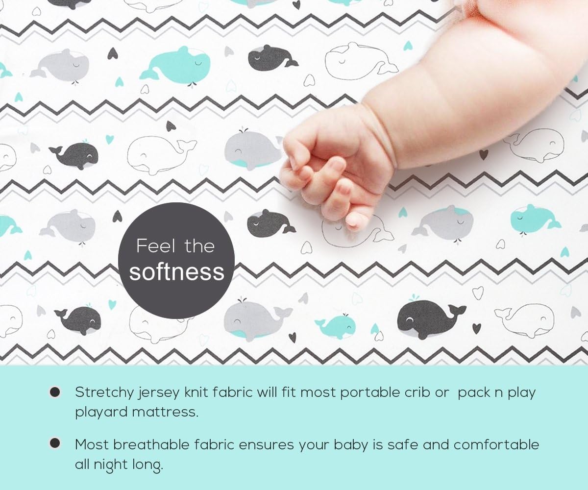 Pack n Play Sheets, BROLEX 2 Pack Mini Crib Sheets,Stretchy Portable Fitted Playard Sheet Set, Convertible Playard Mattress Cover,Ultra Soft Breathable Material,Elephant Whale