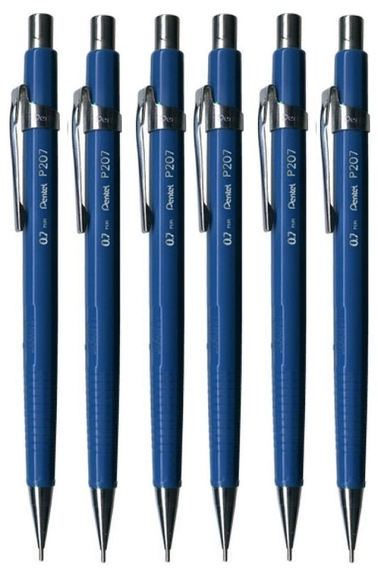 Pentel 0.7mm (P207-C) Blue P200 Series Automatic Mechanical Drafting Pencil Refillable Lead Eraser (Pack Of 6)