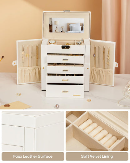 Homde Synthetic Leather Huge Jewelry Box Mirrored Watch Organizer Necklace Ring Earring Storage Lockable Gift Case (White + Gold)