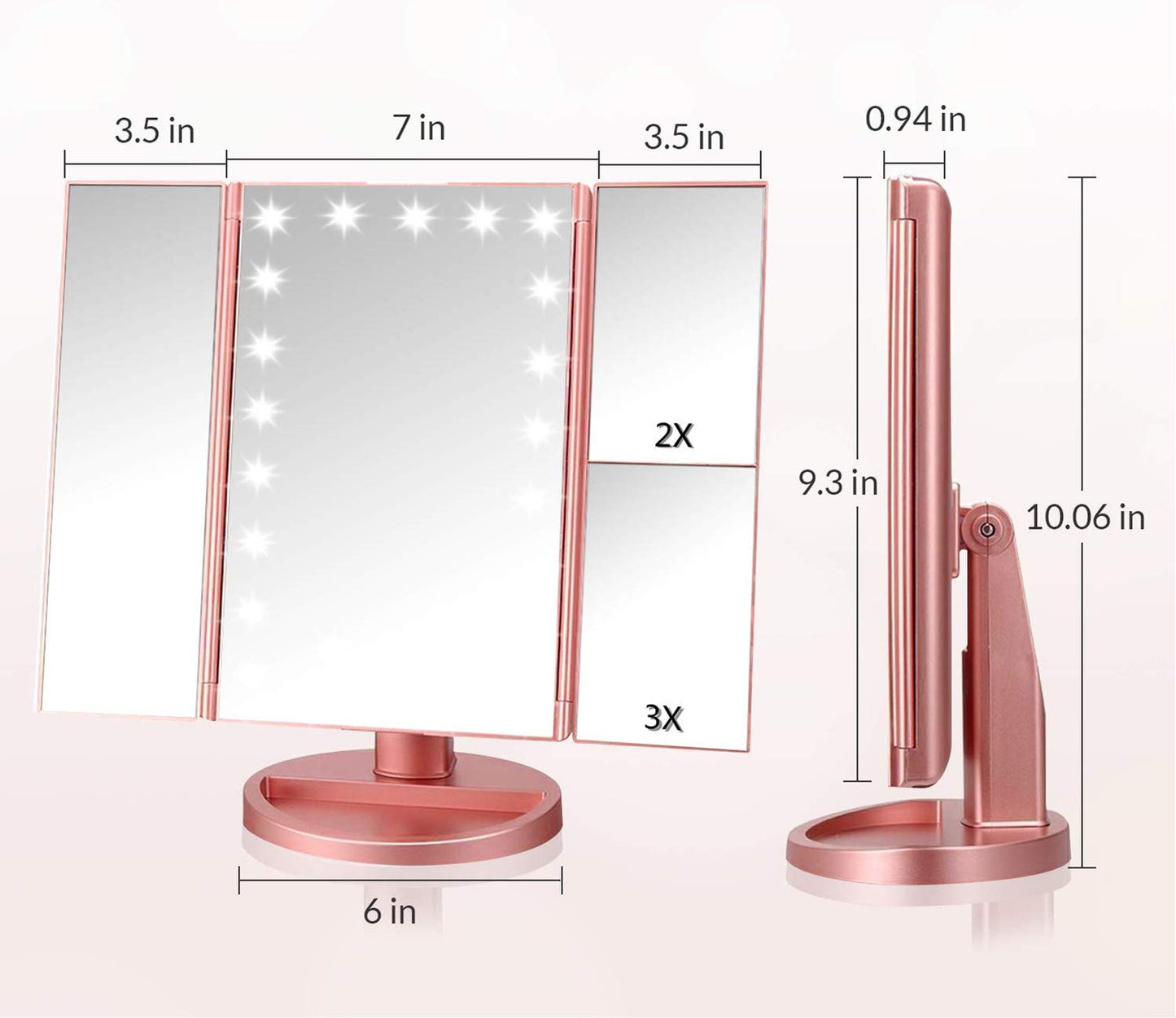 Infitrans Trifold Makeup Mirror Vanity Mirror with Lights,1X 2X 3X Magnification,Touch Screen,180 Adjustable Rotation,Portable Travel Bathroom Cosmetic Mirror