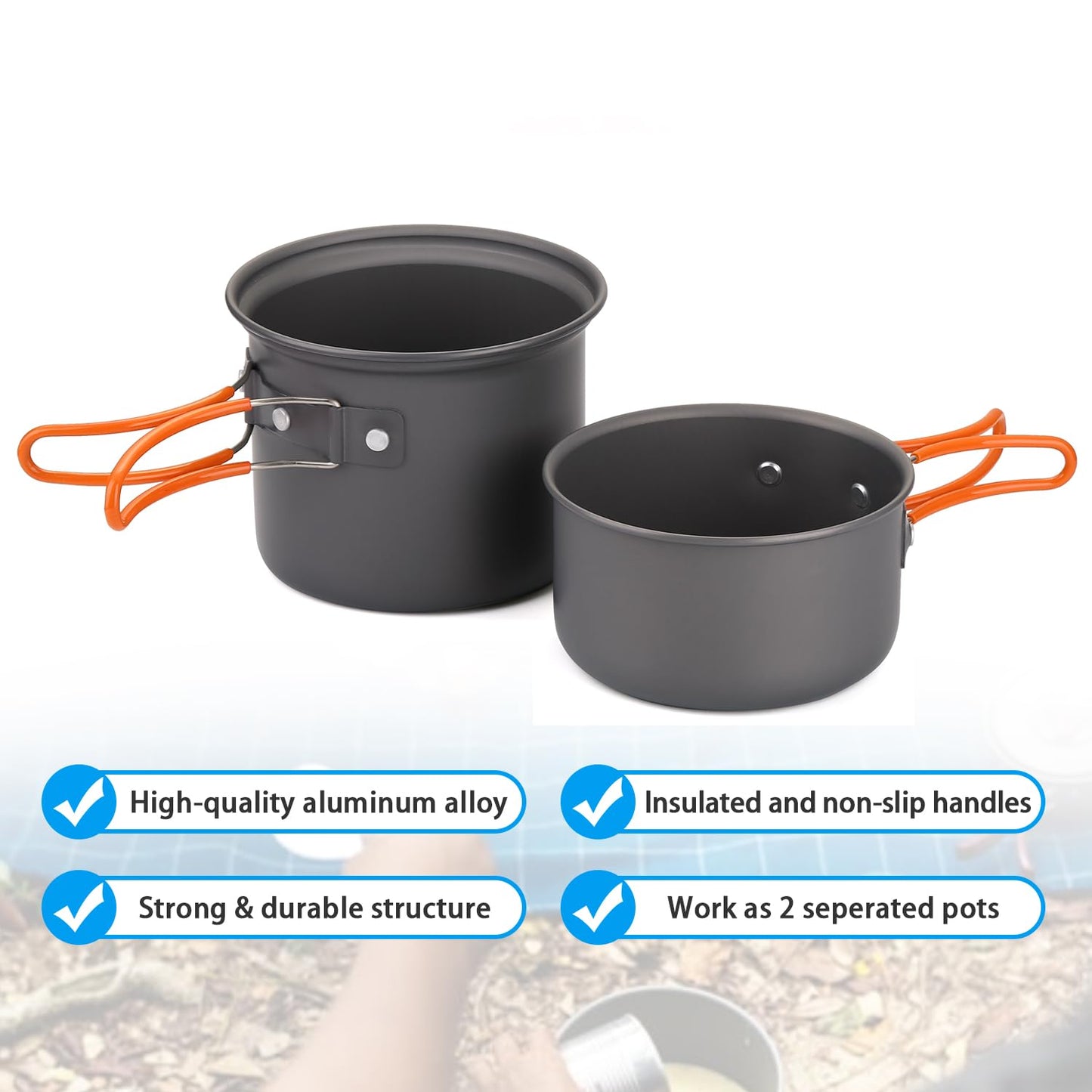 Odoland 6pcs Camping Cookware Mess Kit with Lightweight Pot, Stove, Spork and Carry Mesh Bag, Great for Backpacking Outdoor Camping Hiking and Picnic