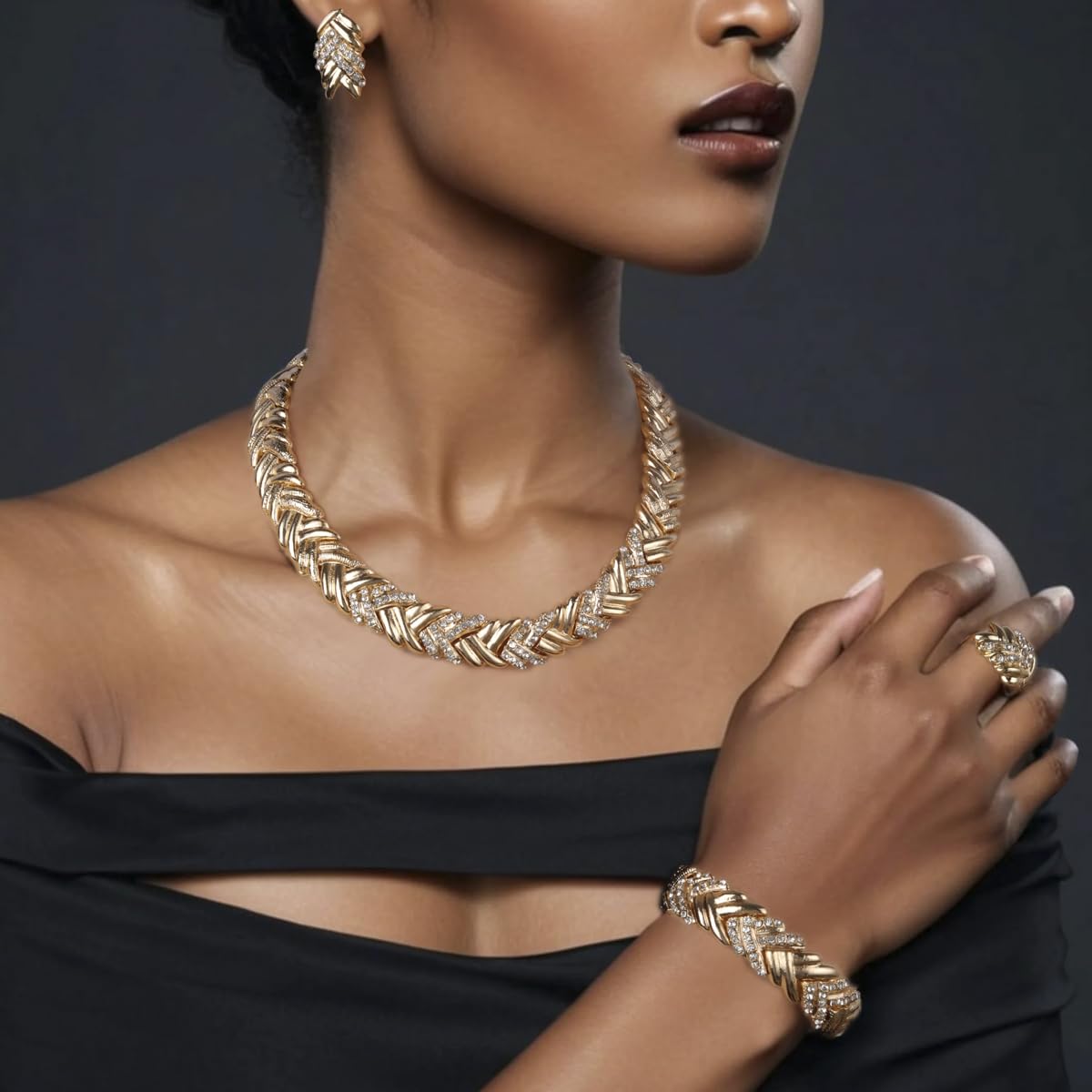 LIFFLY Fashion Crystal Jewelry Set for Women, 18 K Gold Plated Jewelry for Weddings, Dubai Gold Necklace Earrings Set