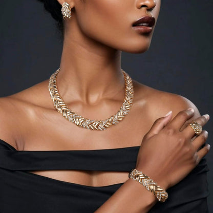 LIFFLY Fashion Crystal Jewelry Set for Women, 18 K Gold Plated Jewelry for Weddings, Dubai Gold Necklace Earrings Set