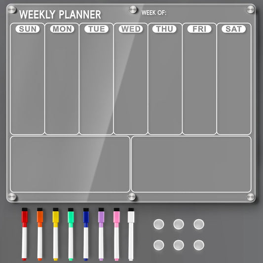 Magnetic Clear Acrylic Meal Planner for Fridge - 14.5"x11.5", Weekly Planner, Menu Board w/ 8 Markers, Large Weekly Calendar, Refrigerator Dry Erase Board for Grocery/Shopping/To do List/Chore Chart