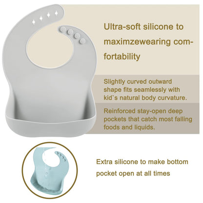 PandaEar 3 Pack Silicone Bibs for Boys Girls for Babies & Toddlers, Waterproof Feeding Bib with Large Food Catcher, BPA Free (Blue & Gray)