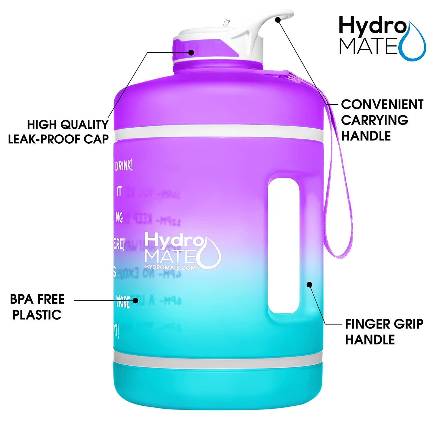 NatureWorks HydroMATE Gallon Water Bottle with Straw BPA FREE Leak Proof Reusable Water Bottle with Times to Drink Marked Hourly 128 oz