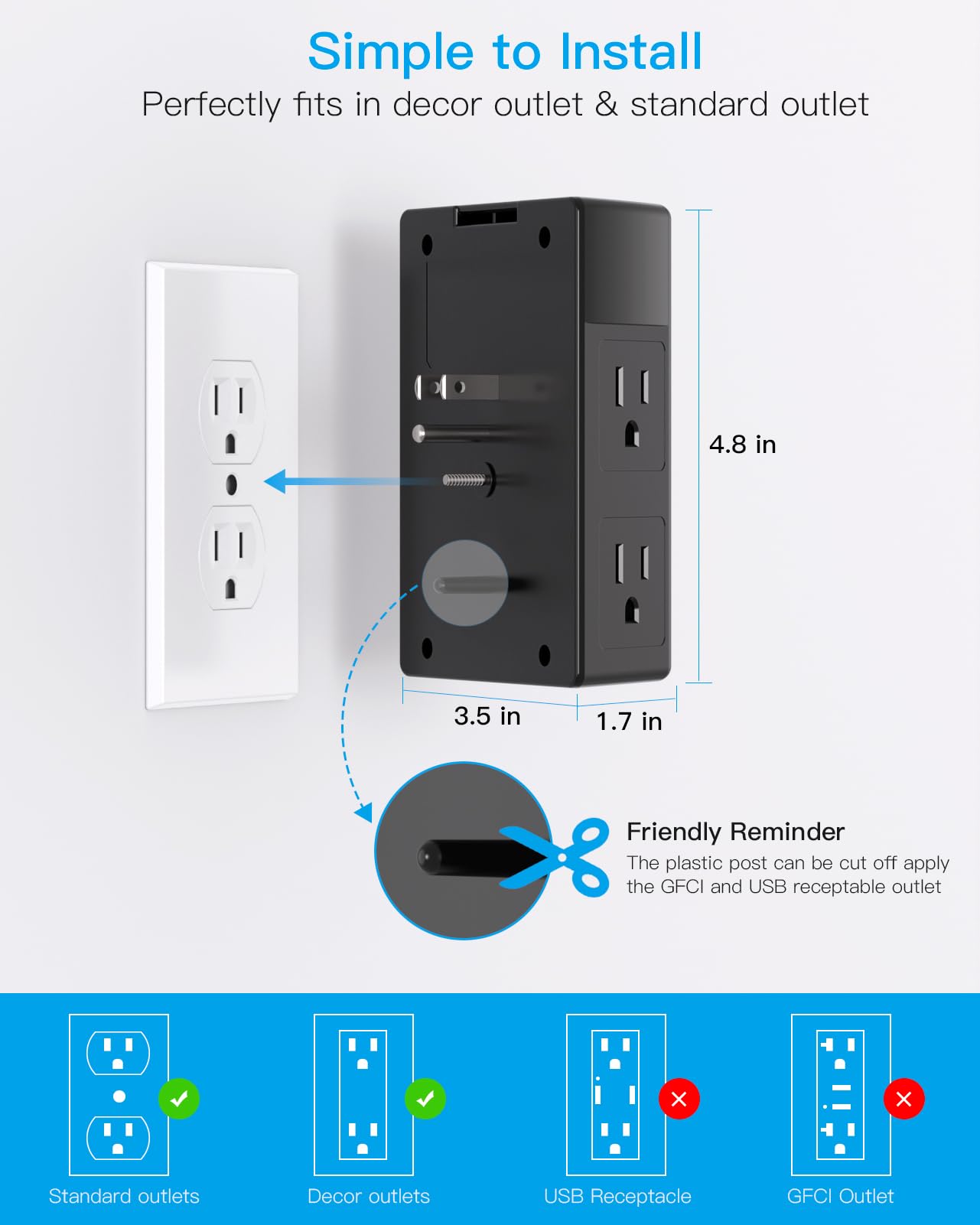 2 Pack Multi Plug Outlet, Surge Protector, 5 Outlet Extender with 4 USB Charging Ports (2 USB C), USB Wall Charger, 3-Sided 1800J Power Strip Outlets Splitter Wall Plug Adapter Spaced for Home,Black