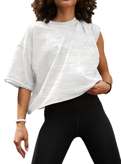 Active Loose Ribbed Crop Tops for Women Women's Cotton Short Sleeve Workout Shirts Yoga Running Athletic Gym Shirt Casual Cropped T-Shirt Crewneck Ribbed Loose Summer Womens Basic Tops Light Grey M