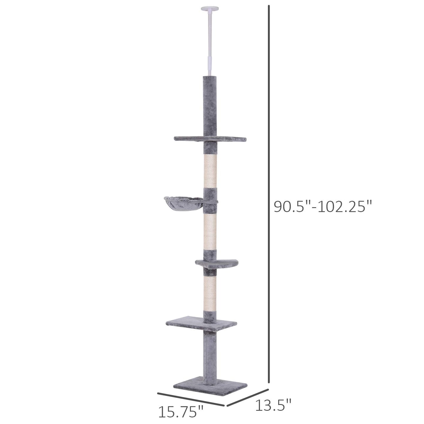 PawHut 8.5' Adjustable Height Floor-to-Ceiling Vertical Cat Tree, 5 Level Cat Climbing Tower, Gray