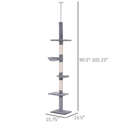 PawHut 8.5' Adjustable Height Floor-to-Ceiling Vertical Cat Tree, 5 Level Cat Climbing Tower, Gray