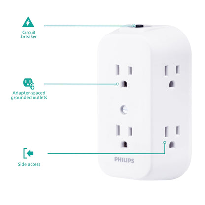 Philips 6-Outlet Extender, Grounded Wall Tap, Reset Button, Circuit Breaker, Adapter Spaced Outlets, 3-Prong, Multiple Plug, Quick and Easy Install, Cruise Essentials, ETL Listed, White, SPS1460WA/37