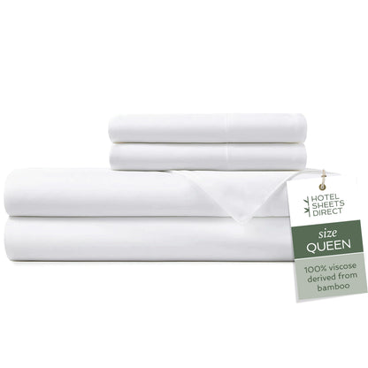 Hotel Sheets Direct 4 Piece Bed Sheet Set Queen Size, 100% Viscose Derived from Bamboo Sheets Set with 2 Pillowcases, Cooling & Breathable Luxury Bedding, Moisture-Wicking & Silky Soft Texture, White
