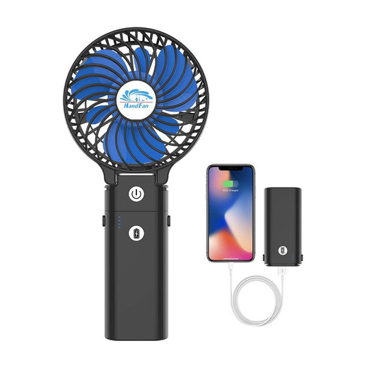 HandFan 5200mAh Portable Handheld Fan Rechargeable with Power Bank-3 Speeds Foldable Personal Cooling, 2-IN-1 Hand Held Fan Battery Operated, 20H Runtime for Travel/Summer/Concerts/Women (Black&Blue)