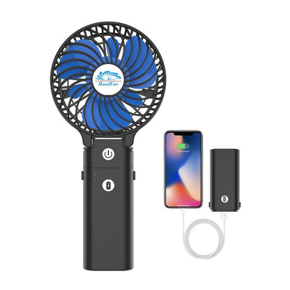 HandFan 5200mAh Portable Handheld Fan Rechargeable with Power Bank-3 Speeds Foldable Personal Cooling, 2-IN-1 Hand Held Fan Battery Operated, 20H Runtime for Travel/Summer/Concerts/Women (Black&Blue)