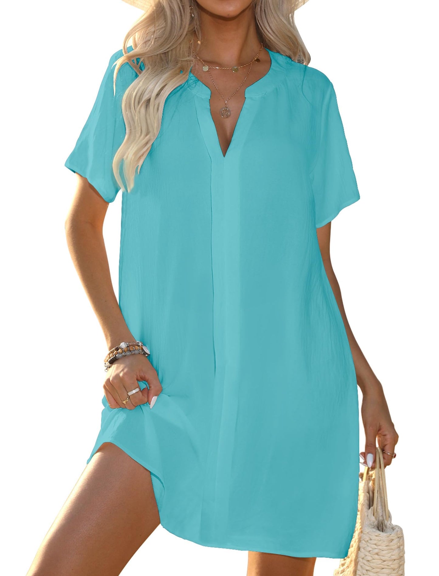 Halife Women's Plus Size Swim Cover Up V-Neck Short Sleeve Bathing Suit Coverups Beach Cover Ups Blue Green XXL