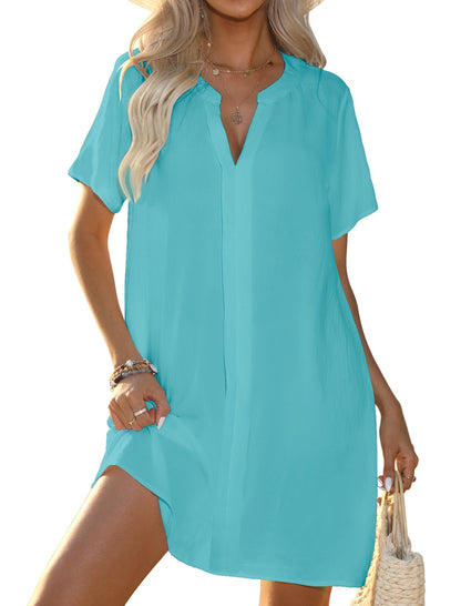 Halife Women's Plus Size Swim Cover Up V-Neck Short Sleeve Bathing Suit Coverups Beach Cover Ups Blue Green XXL