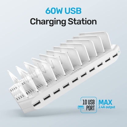 【5PCS】 Unitek Multi Charging Station, 10-Port USB Charger for Multiple Device with SmartIC Tech and Adjustable Dividers, Organizer Stand Compatible with iPad, Tablet, Kindle, iPhone - 5PCS, White