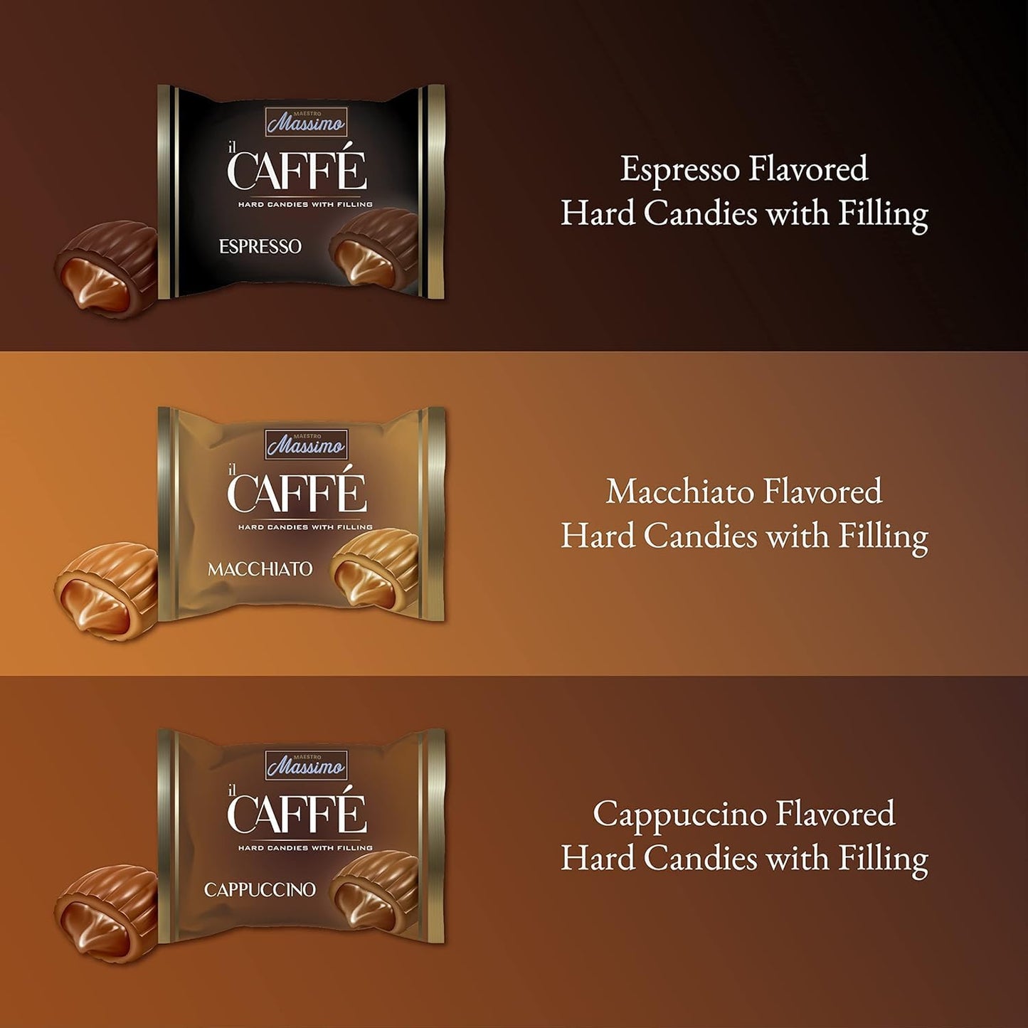 Maestro Massimo Center Filled Hard Pocket Coffee Candy, 3mg Caffeine per Candy, Individually Wrapped, Macchiato, Espresso, Cappuccino Flavored, 2.2 Pound Bulk Bag - Pack of 1