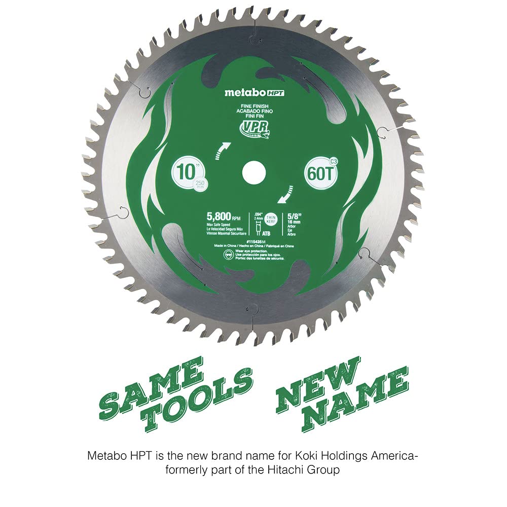 Metabo HPT 10-Inch Miter Saw/Table Saw Blade, 60T, Fine Finish, 5/8" Arbor, Large Micrograin Carbide Teeth, 5800 Max RPM, 115435M