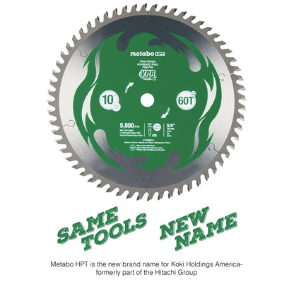 Metabo HPT 10-Inch Miter Saw/Table Saw Blade, 60T, Fine Finish, 5/8" Arbor, Large Micrograin Carbide Teeth, 5800 Max RPM, 115435M