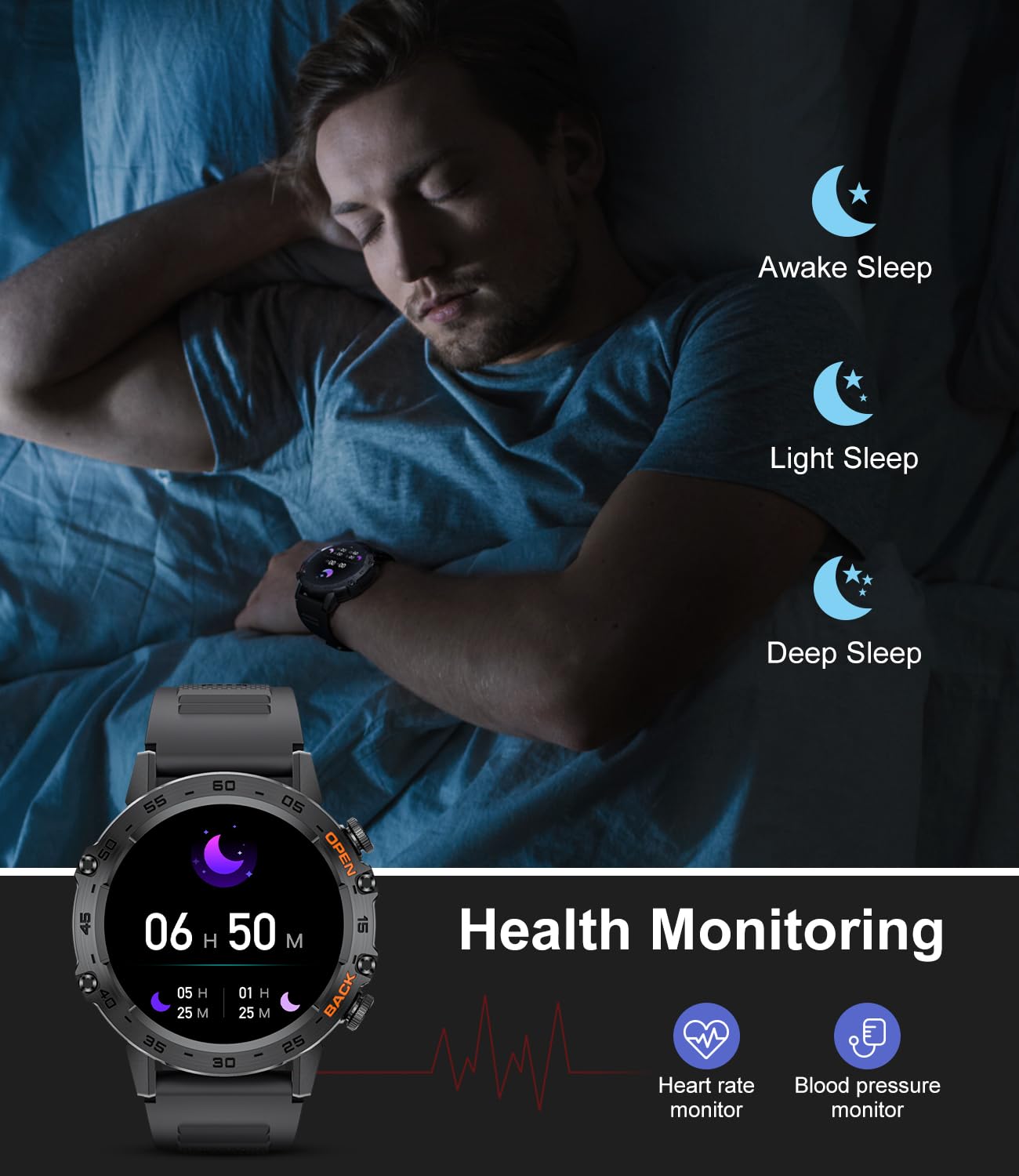 Military Smart Watch for Men(Answer/Dial Calls),100 Sports Modes, 5ATM Waterproof Fitness Watch with Heart Rate/SpO2/Blood Pressure for Android and iOS,1.39''HD DIY Screen Smartwatch Black