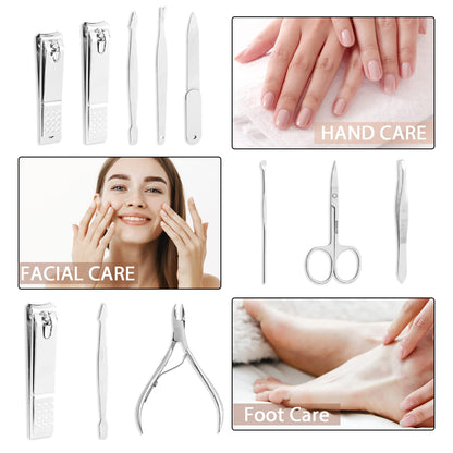 Manicure Set, FAMILIFE Professional Manicure Kit Nail Kit Mens Grooming Tools Pedicure Tool 9PCS Gifts for Men Boyfriend Stainless Steel Nail Clipper Set Leather Case Brown