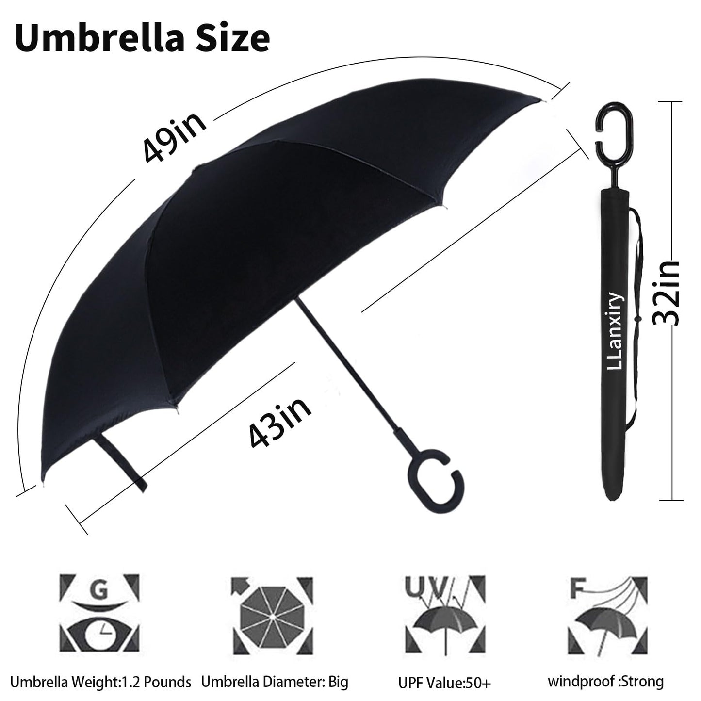LLanxiry Inverted Reverse Upside Down Umbrella, Waterproof, C-Shaped Handle, Frosted Design, for Men and Women