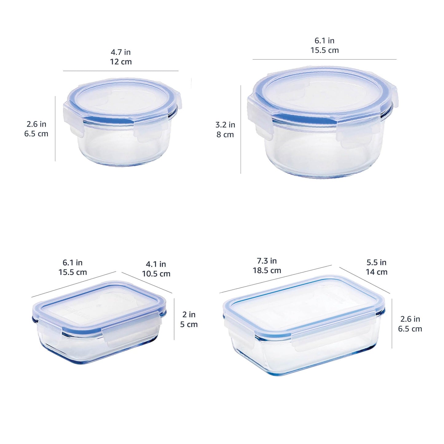Amazon Basics Leak-Proof Glass Locking Lids Food Storage Containers, 14-Piece Set, 7 Count of Bases and 7 Plastic Lids, Clear, Blue, BPA Free