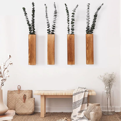 Mokof 4-Pack Wood Wall Planters for Fake Plants and Dried Flowers Stems, 12" Slim Modern Wooden Vases Wall Decor for Living Room, Bedroom, Bathroom, Apartment