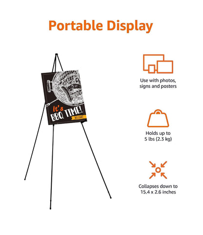 Amazon Basics Easel Display Stand, Instant Floor Poster, Lightweight, Collapsible and Portable with Tripod Base, Black Steel (supports 5 pounds)