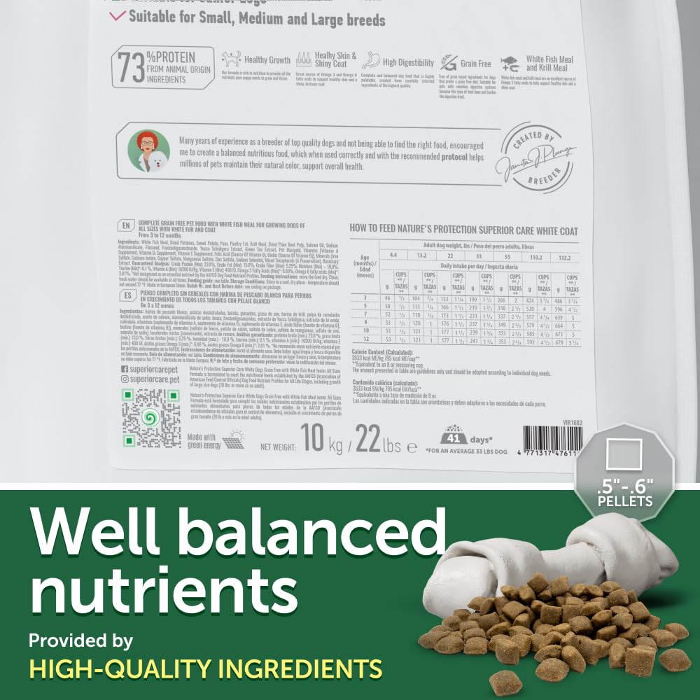 Nature's Protection Superior Care White Dogs Grain-Free Dry Dog Food - High Protein, Tear Stain Dog Food for All Breeds Light Coated Puppies, Fresh Pet Meal, White Fish, 22 lb
