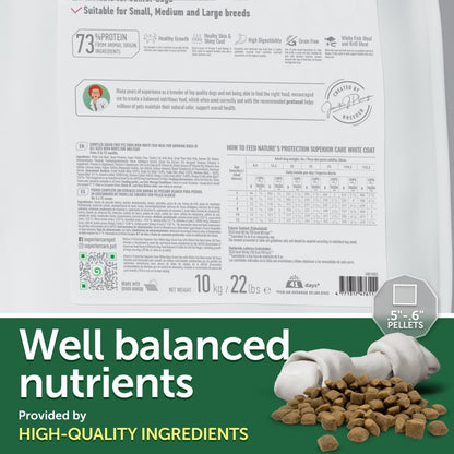 Nature's Protection Superior Care White Dogs Grain-Free Dry Dog Food - High Protein, Tear Stain Dog Food for All Breeds Light Coated Puppies, Fresh Pet Meal, White Fish, 22 lb