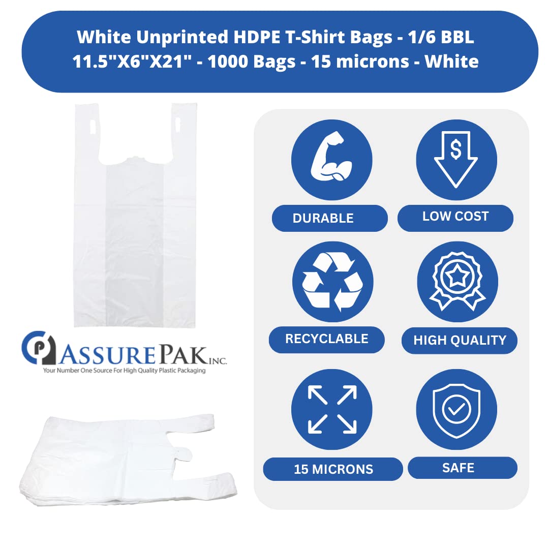 Plastic Bag-Standard White Plain T-Shirt Bag 11.5"x6.5"x21.5" 15 mic - 1000 bags/case