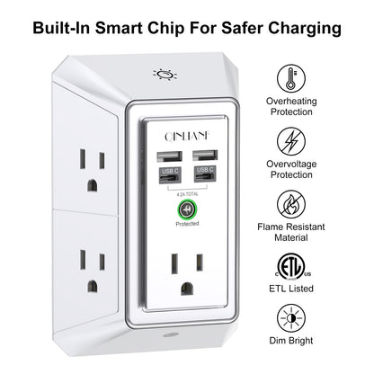 3-Sided Outlet Extender with Night Light - QINLIANF Multi Plug Outlet with 5 Outlets and 4 USB Ports(2 USB-C), USB Wall Charger for Home, Office, Travel, ETL Listed, White