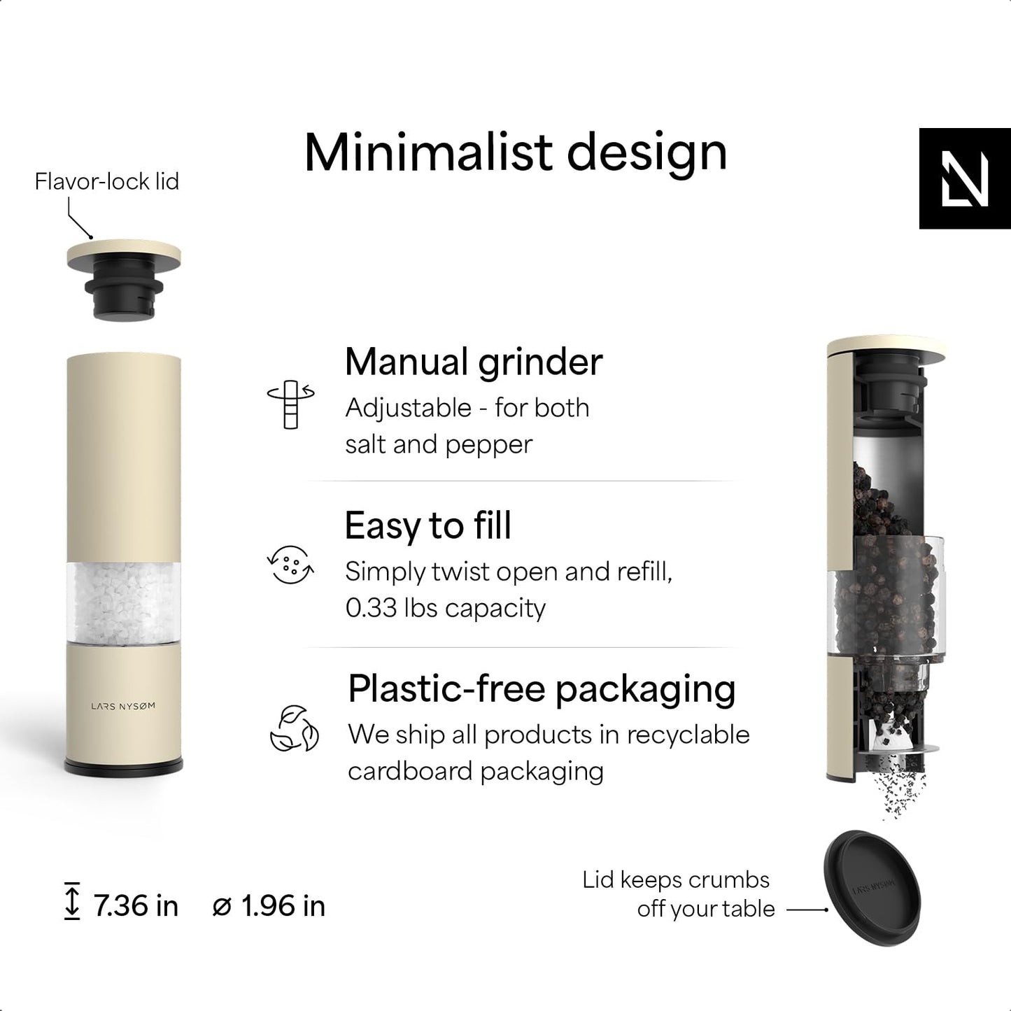 LARS NYSØM Salt and Pepper Grinder Set 2 pieces I Salt Pepper Mill with Adjustable Ceramic Grinder I Design Spice Grinder Set Manual (Sage Green)