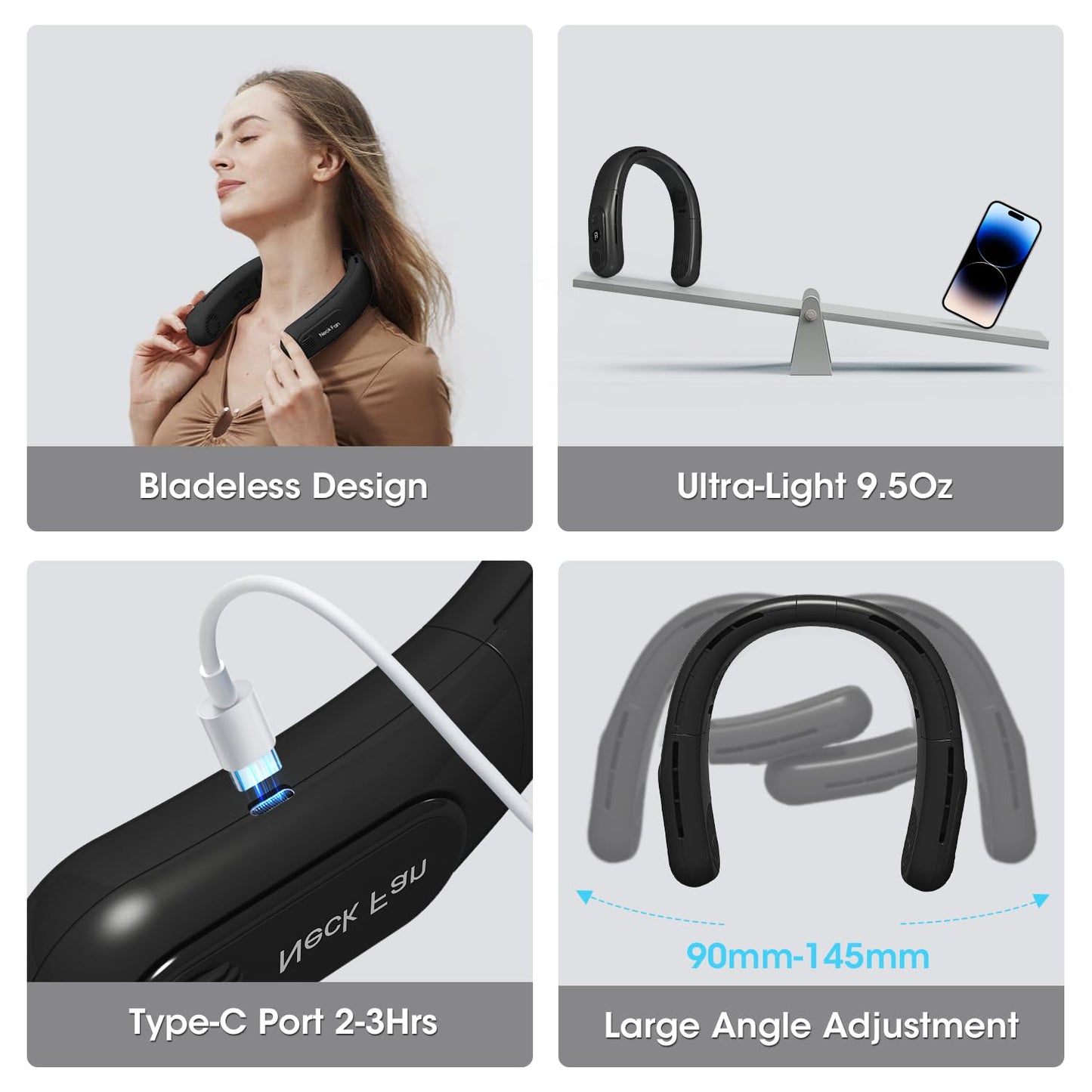 OLV Rechargeable 4 Turbo 6000mAh Portable Neck Fan - 360 Cooling Airflow, 3 Speeds, LED Battery Display, Foldable, Bladeless - Personal Fan for Work, Travel, Outdoor Activities - Black