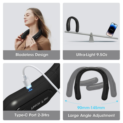 OLV Rechargeable 4 Turbo 6000mAh Portable Neck Fan - 360 Cooling Airflow, 3 Speeds, LED Battery Display, Foldable, Bladeless - Personal Fan for Work, Travel, Outdoor Activities - Black