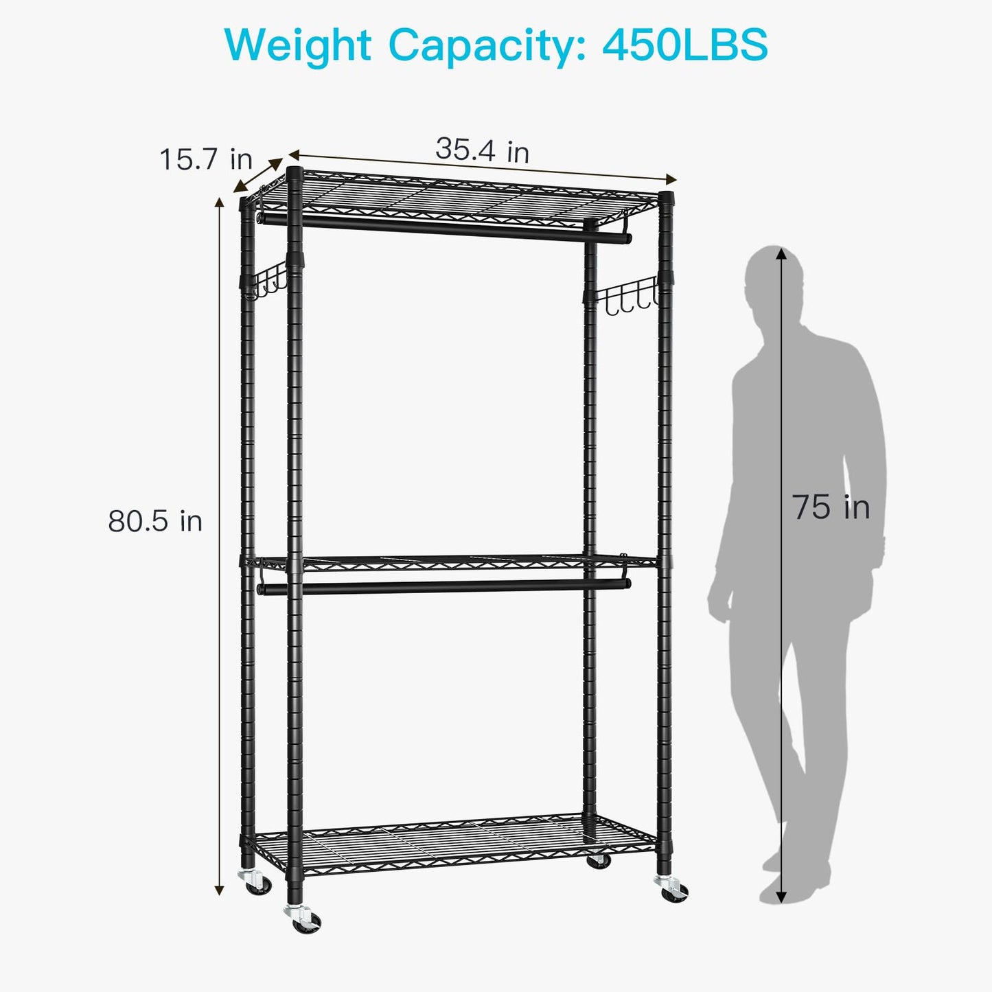 FUTASSI P1 Heavy Duty Garment Rack, 3 Tiers Adjustable Rolling Metal Closet Organizer with Lockable Wheels, FreeStanding Wardrobe with Double Hanger Rods & 1 Pair Hooks, Max Load 450 LBS, Black