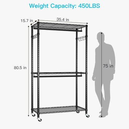 FUTASSI P1 Heavy Duty Garment Rack, 3 Tiers Adjustable Rolling Metal Closet Organizer with Lockable Wheels, FreeStanding Wardrobe with Double Hanger Rods & 1 Pair Hooks, Max Load 450 LBS, Black