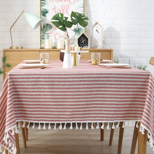 AMZALI Stripe Tassel Tablecloth Cotton Linen Stain Resistant/Dust-Proof Waterproof Table Cover for Kitchen Dinning Tabletop Decoration (Rectangle/Oblong,55 x 98 Inch, Red)