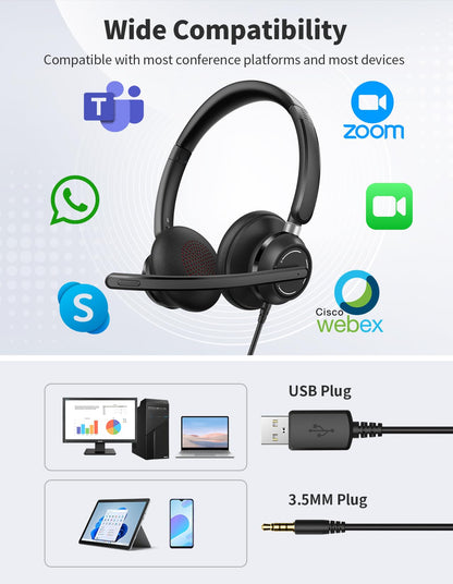 JabNecter USB Headset with Microphone for PC, Wired Headphones with Noise Cancelling Mic, Computer Headset with in-line Controls, 3.5mm & USB Plug for Zoom, Skype, Call Center, Office Use, Black