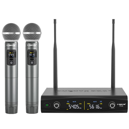 Phenyx Pro Wireless Microphone System, Metal Wireless Mic Set, Handheld Cordless Dynamic Microphones for Singing, Karaoke, Church, 2x30 UHF Tunable Frequencies,200 ft Range (PTU-52-2H)