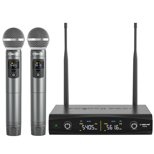 Phenyx Pro Wireless Microphone System, Metal Wireless Mic Set, Handheld Cordless Dynamic Microphones for Singing, Karaoke, Church, 2x30 UHF Tunable Frequencies,200 ft Range (PTU-52-2H)