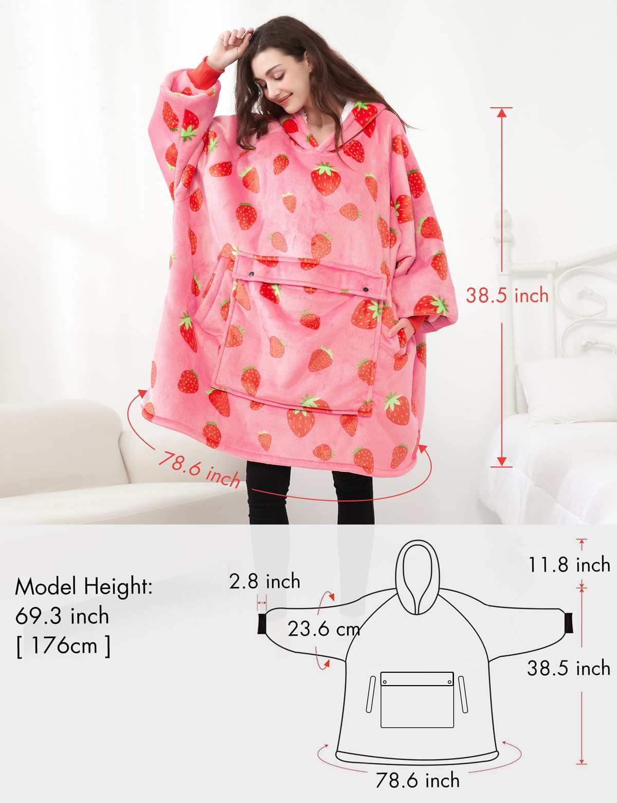 KFUBUO Wearable Blanket Hoodie for Adults Sherpa All Patterns Oversized Sweatshirt Blanket with Pockets Cute Birthday Gifts for Sister Strawberry