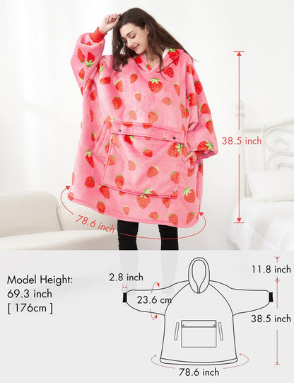 KFUBUO Wearable Blanket Hoodie for Adults Sherpa All Patterns Oversized Sweatshirt Blanket with Pockets Cute Birthday Gifts for Sister Strawberry