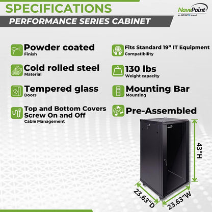 NavePoint 22U Server Cabinet Wall Mount Rack Enclosure with Caster Wheels, 2 Fans, Locking Glass Door, Removable Side Panels – 22U Network Cabinet 23.6” Deep, 19” Server Rack for A/V Equipment