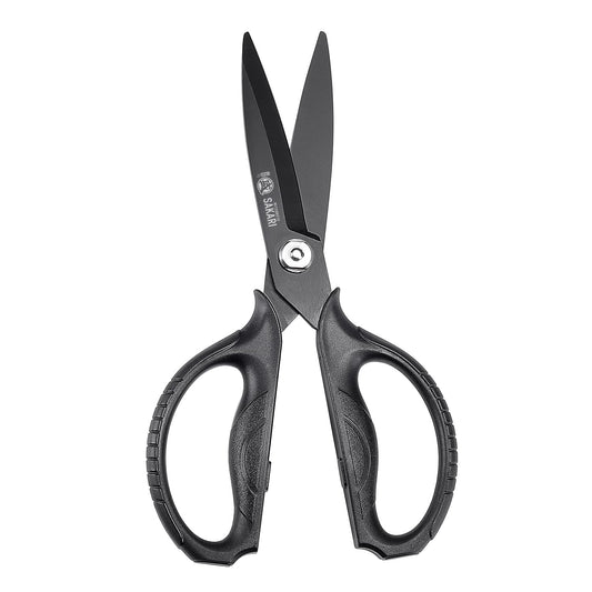 MITSUMOTO SAKARI Japanese Kitchen Scissors, All Purpose, Black Titanium Plated Heavy Duty, Multipurpose Cooking and Herb Scissors with Micro Serrated Edge