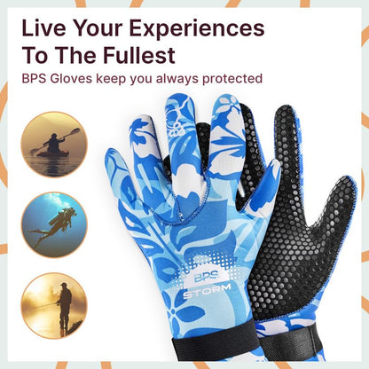 BPS Neoprene 3mm Wetsuit Gloves with Anti-Slip Rubber Printing - Watersports Gloves for Kids and Adults & Men and Women (Floral Blue/White, Small)